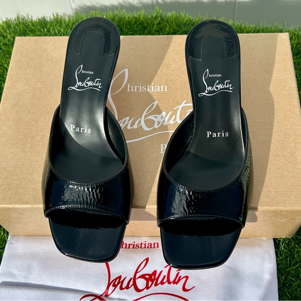 CHRISTIAN LOUBOUTIN CONDORA MULE 55 BLACK PAT. LEATHER SANDAL MID HEEL 37.5 NEW - Picture 5 of 16